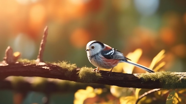 Um chapim senta-se em um galho no jardim de uma casa no outono.