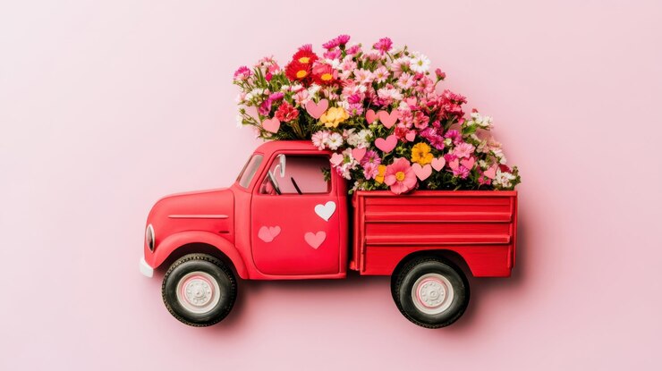 Foto um charmoso caminhão de brinquedo vermelho cheio de flores coloridas em um fundo rosa suave