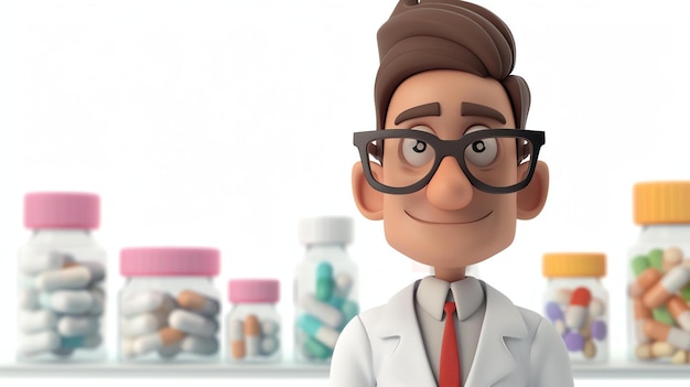 Um charmoso personagem 3D de um farmacêutico amigável com um sorriso acolhedor segurando um frasco de receita perfeito para ilustrar farmácia de saúde e conceitos médicos