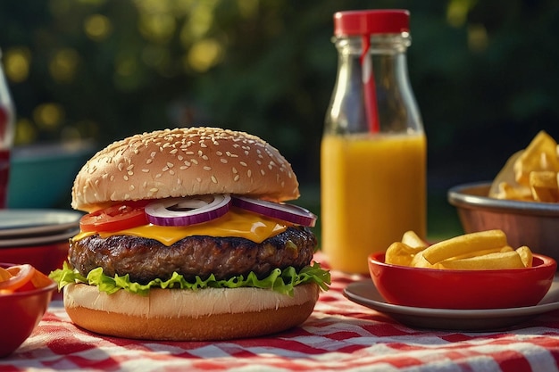 Um cheeseburger clássico sendo servido em um churrasco familiar