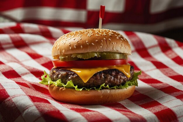 Um cheeseburger clássico sendo servido em vermelho e branco