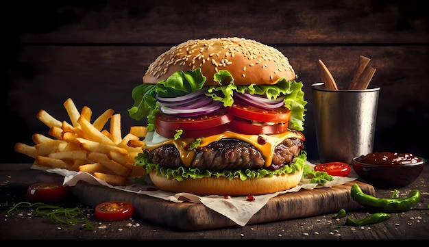 Um cheeseburger com alface, tomate e cebola está sobre uma tábua de madeira.