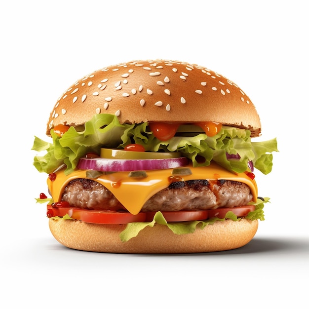 Um cheeseburger com alface, tomate e cebola.