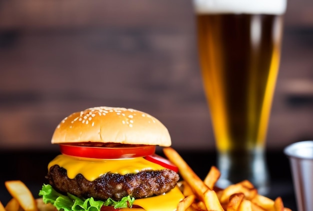 Um cheeseburger com batatas fritas e um copo de cerveja