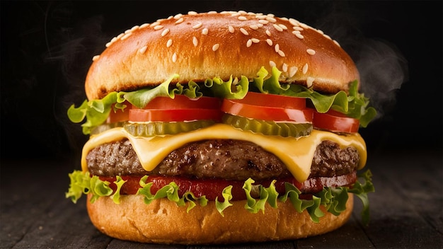 um cheeseburger com fundo preto