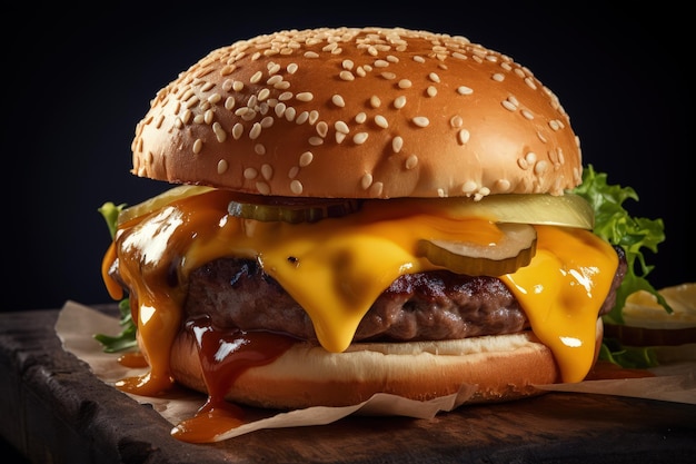 Um cheeseburger com pão e um pão com queijo e picles