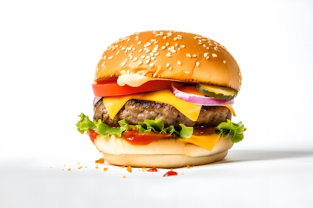 Um cheeseburger com queijo, tomate e picles em um fundo branco.