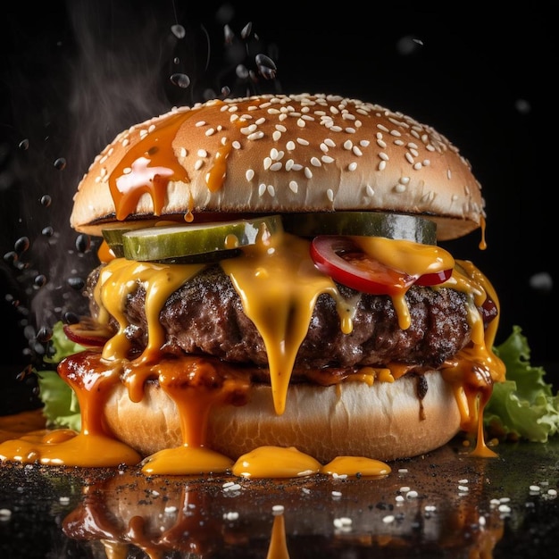 Foto um cheeseburger com tomate de alface e picles em um