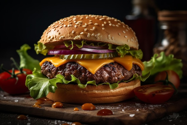 Um cheeseburger com tomate e cebola