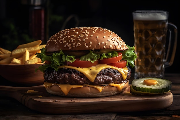 Um cheeseburger com um copo de cerveja ao lado