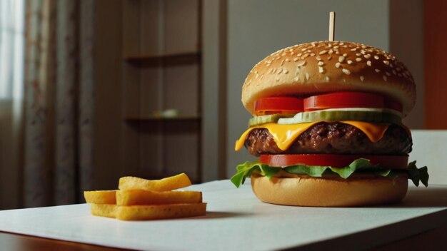 um cheeseburger com um palito de dente em cima dele