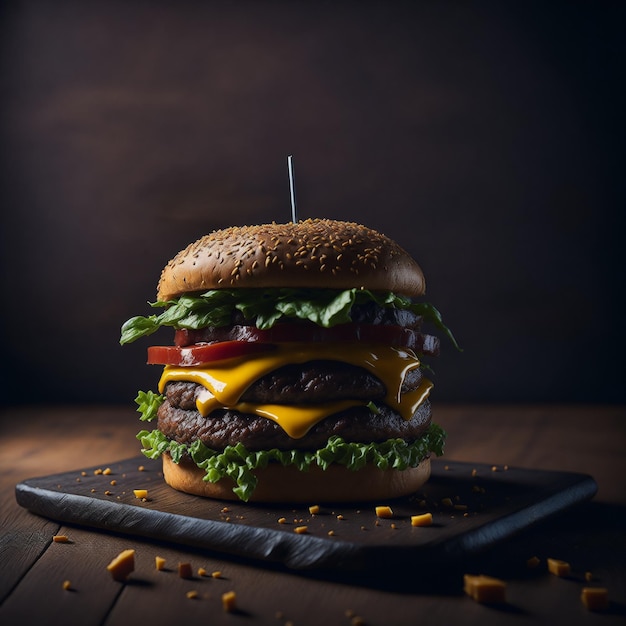 Um cheeseburger com um pão e um pedaço de queijo.