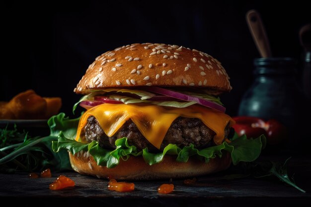 Um cheeseburger com um pão e um pote de picles em um fundo escuro.