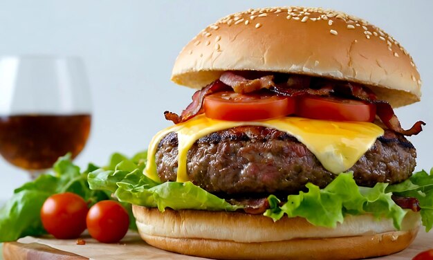 um cheeseburger com uma garrafa de cerveja ao lado