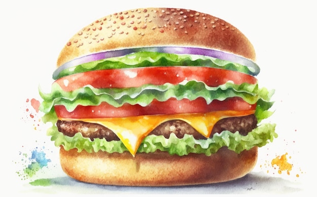 um cheeseburger desenhado em ilustrações de fast food em aquarela de fundo amarelo geradas por ai