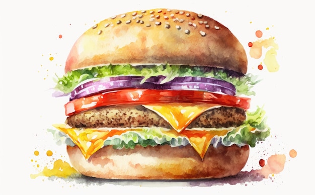 um cheeseburger desenhado em ilustrações de fast food em aquarela de fundo amarelo geradas por ai