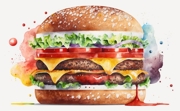 um cheeseburger desenhado em ilustrações de fast food em aquarela de fundo amarelo geradas por ai