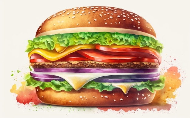 um cheeseburger desenhado em ilustrações de fast food em aquarela de fundo branco geradas por ai