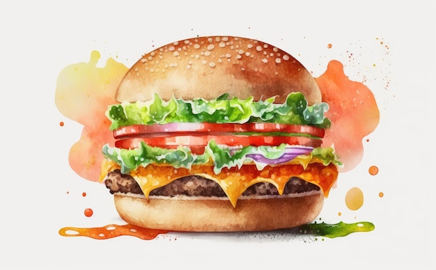 um cheeseburger desenhado em ilustrações de fast food em aquarela de fundo branco geradas por ai