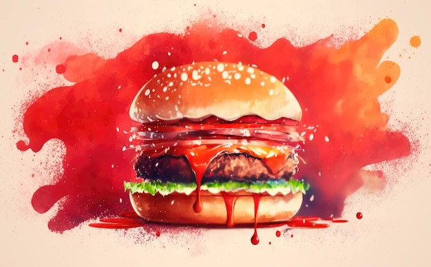 Foto um cheeseburger desenhado em ilustrações de fast food em aquarela de fundo vermelho geradas por ai