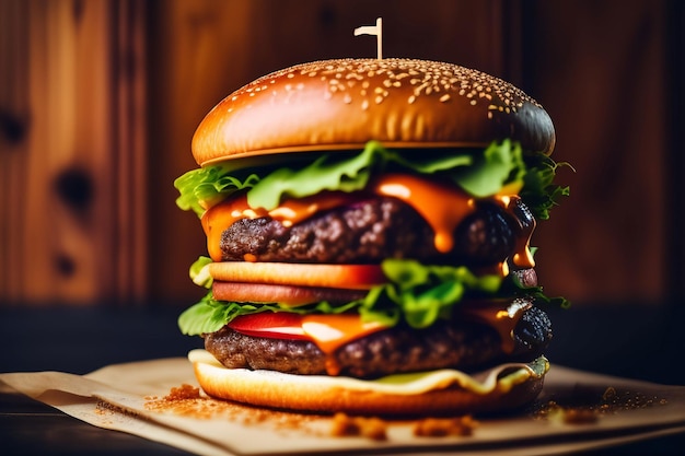 Um cheeseburger duplo com alface, tomate e alface por cima.