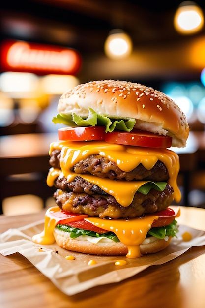 Um cheeseburger duplo com uma placa vermelha ao fundo