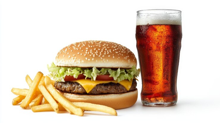 Foto um cheeseburger suculento com alface fresca e tomate fritas douradas e um copo refrescante