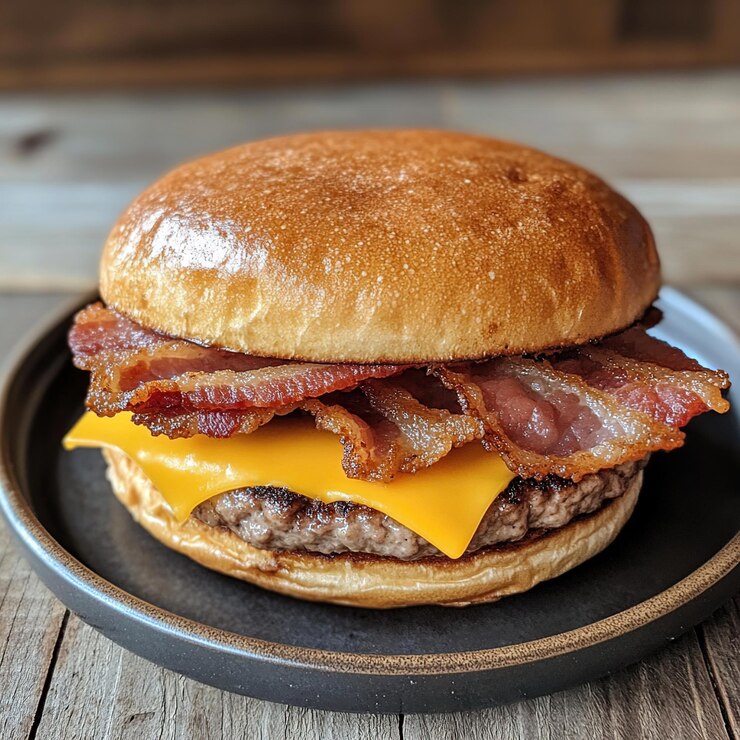 Um cheeseburger suculento com bacon num pão de brioche.