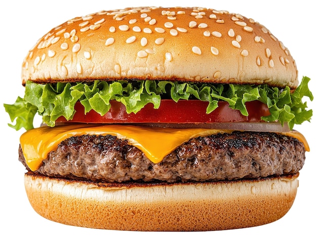 Um cheeseburger suculento com um pão de sementes de gergelim, tomate de alface fresca e uma fatia de queijo derretido mostrando um clássico favorito de fast food