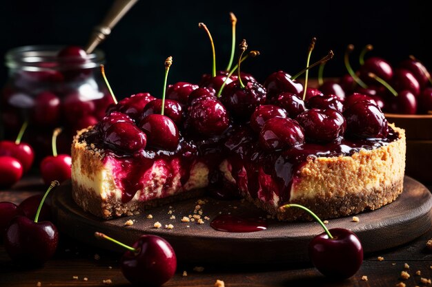 Foto um cheesecake com calda de cereja por cima