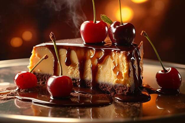 Um cheesecake com calda de chocolate por cima