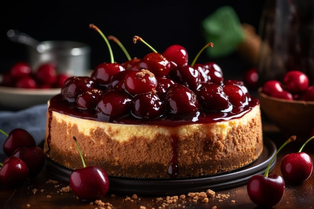 Um cheesecake com cerejas no topo