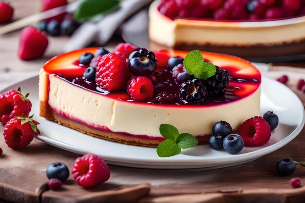 Um cheesecake com framboesas e framboesas em um prato.