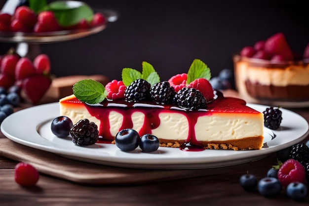 Um cheesecake com framboesas e framboesas em um prato.