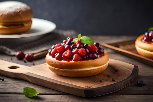 Um cheesecake com frutas no topo está sobre uma tábua de madeira.