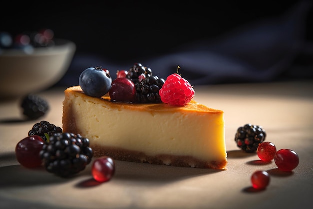 Um cheesecake com frutas no topo