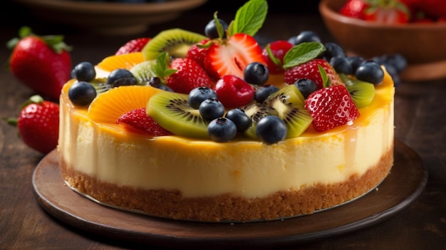 Um cheesecake com frutas