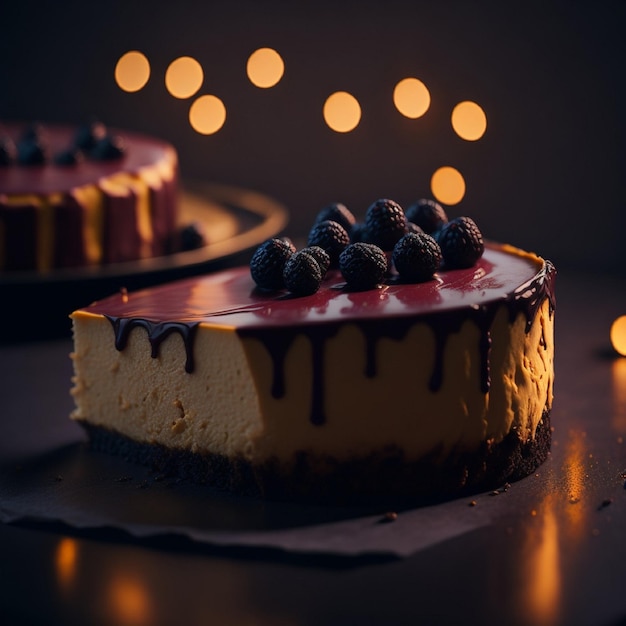 Um cheesecake com molho vermelho e mirtilos por cima.