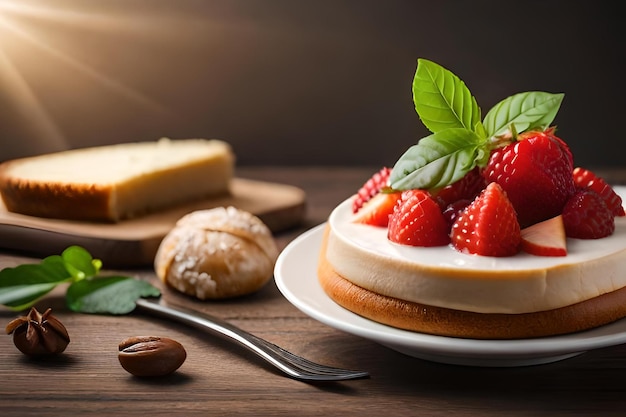 Um cheesecake com morangos e um pedaço de pão em uma mesa de madeira.