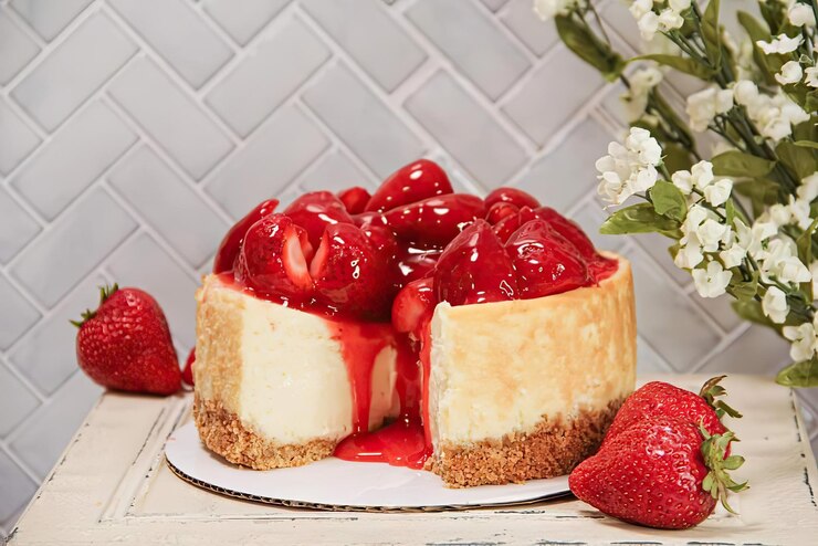 Foto um cheesecake com morangos por cima e uma flor ao fundo.