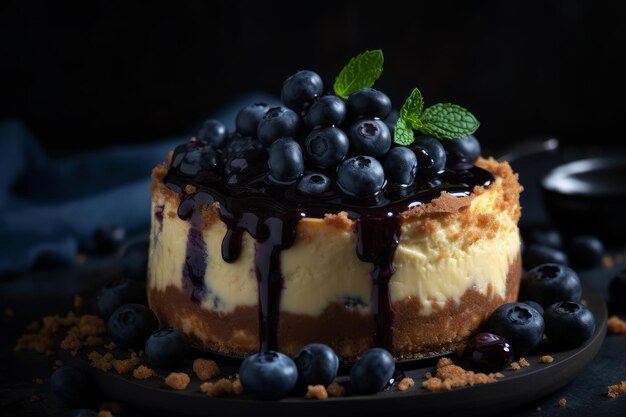 Um cheesecake de mirtilo com mirtilos e calda de chocolate