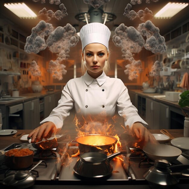 Um chef a cozinhar numa cozinha com uma panela de fogo no fogão.