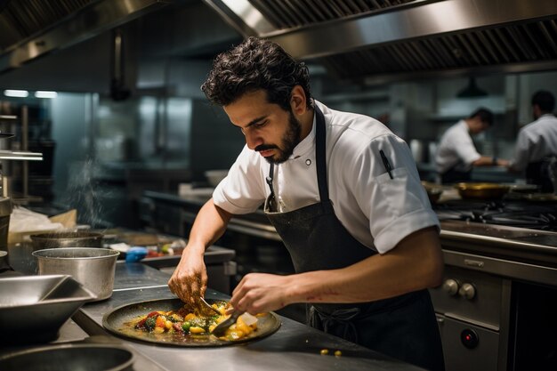 Um chef adicionando um pouco de vinho branco para descongelar a panela de paella