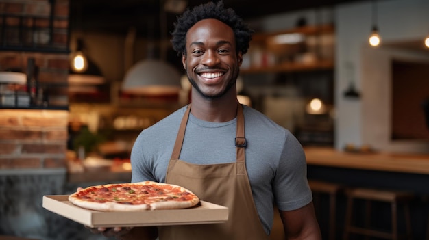 Um chef afro-americano segura uma pizza acabada do forno