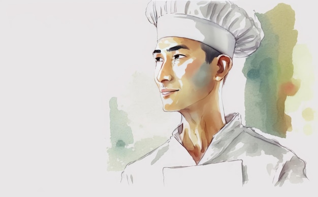 um chef asiático desenhado em ilustrações de restaurante em aquarela de fundo branco geradas por ai