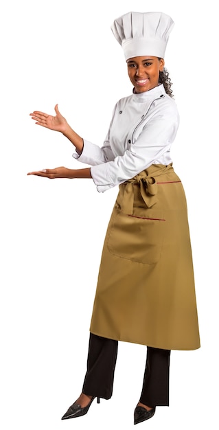 Foto um chef com as mãos vazias para segurar seus produtos no espaço em branco.