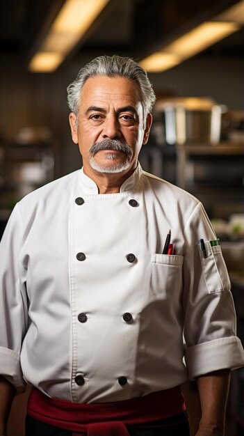 Foto um chef com barba e bigode está em uma cozinha