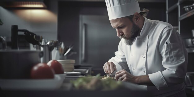 Um chef com um chapéu de chef branco corta um prato de comida.