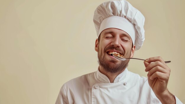 Foto um chef com um chapéu de cozinha branco provando comida deliciosa de uma colher