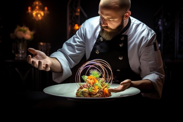Foto um chef com um prato de comida em um prato